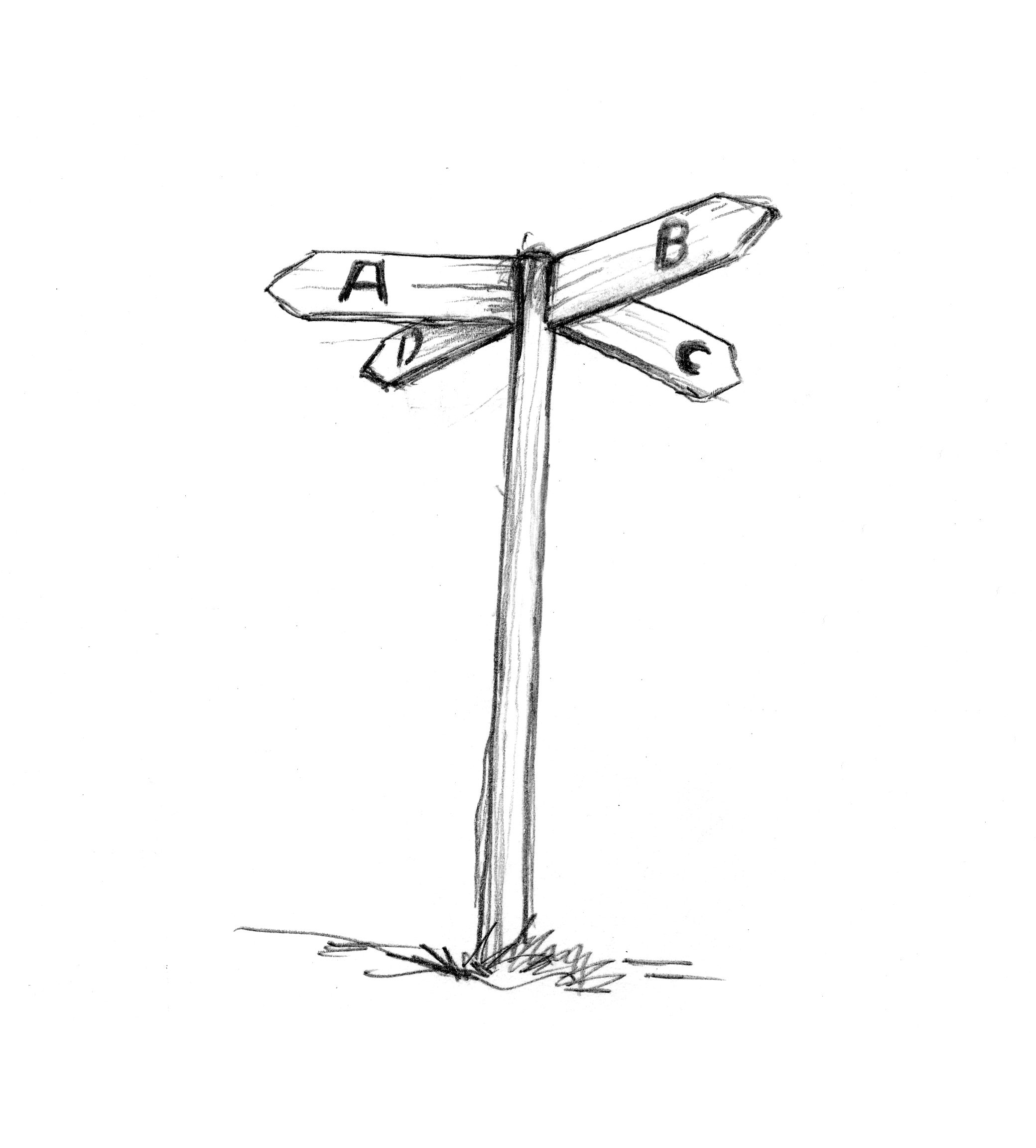 Zeichnung eines Wegweisers, der in die 4 Richtungen A, B, C und D weist